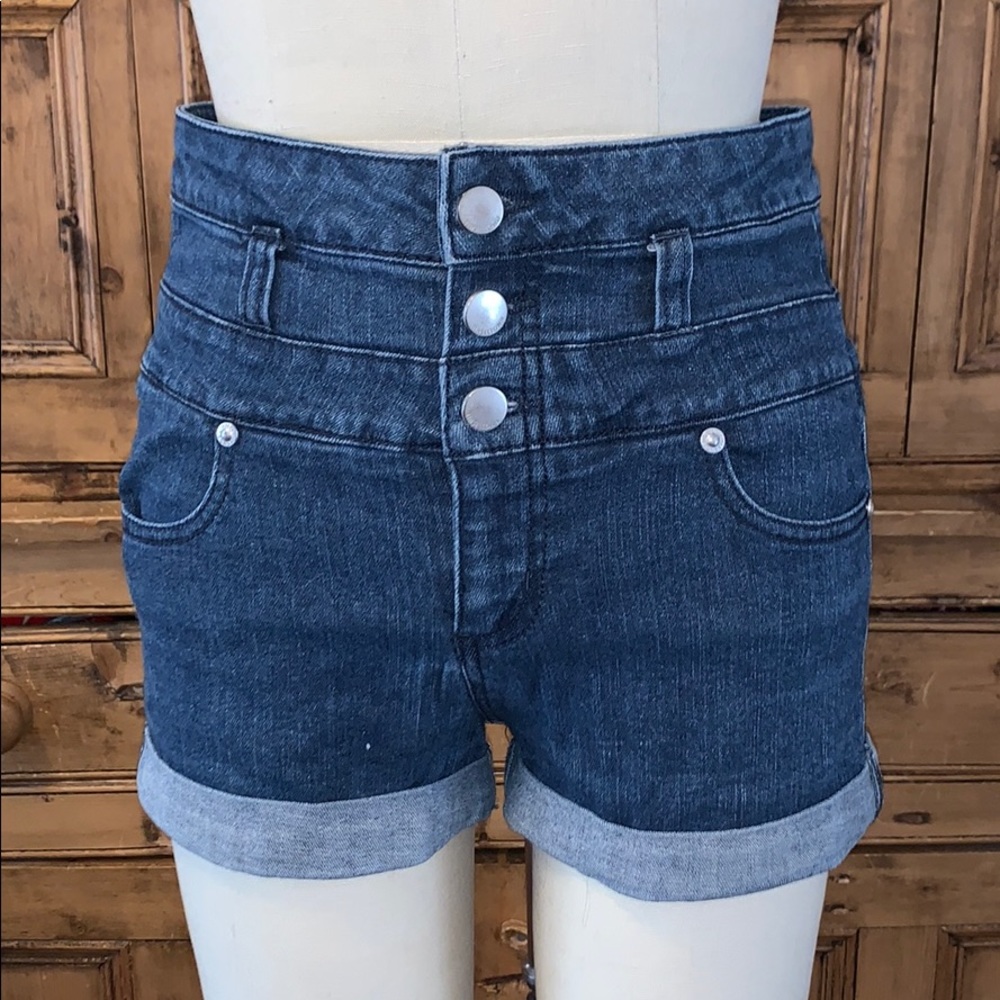 High-waisted, blue denim shorts